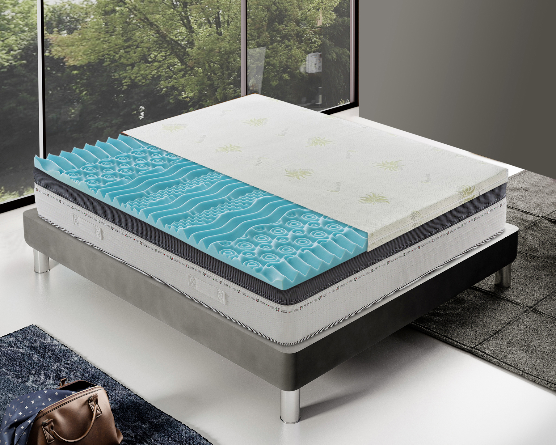 Topper Singolo 80x200 in memory foam 5 cm con rivestimento in aloe vera sfoderabile - 9 Zone di Comfort